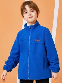 Boys Letter Embroidery Detail Zip Up Jacket - Blue - View 5