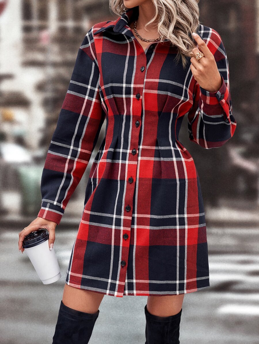 SHEIN LUNE Plaid Print Button Front Drop Shoulder Shirt Dress - Multicolor - View 1