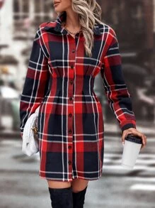 SHEIN LUNE Plaid Print Button Front Drop Shoulder Shirt Dress - Multicolor - View 4