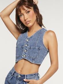 Adjustable Button Down Patched Pocket Denim Vest - Medium Wash - View 4