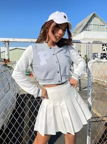 SHEIN EZwear Letter Patched Colour Block Crop Varsity Jacket - Light Grey - View 6