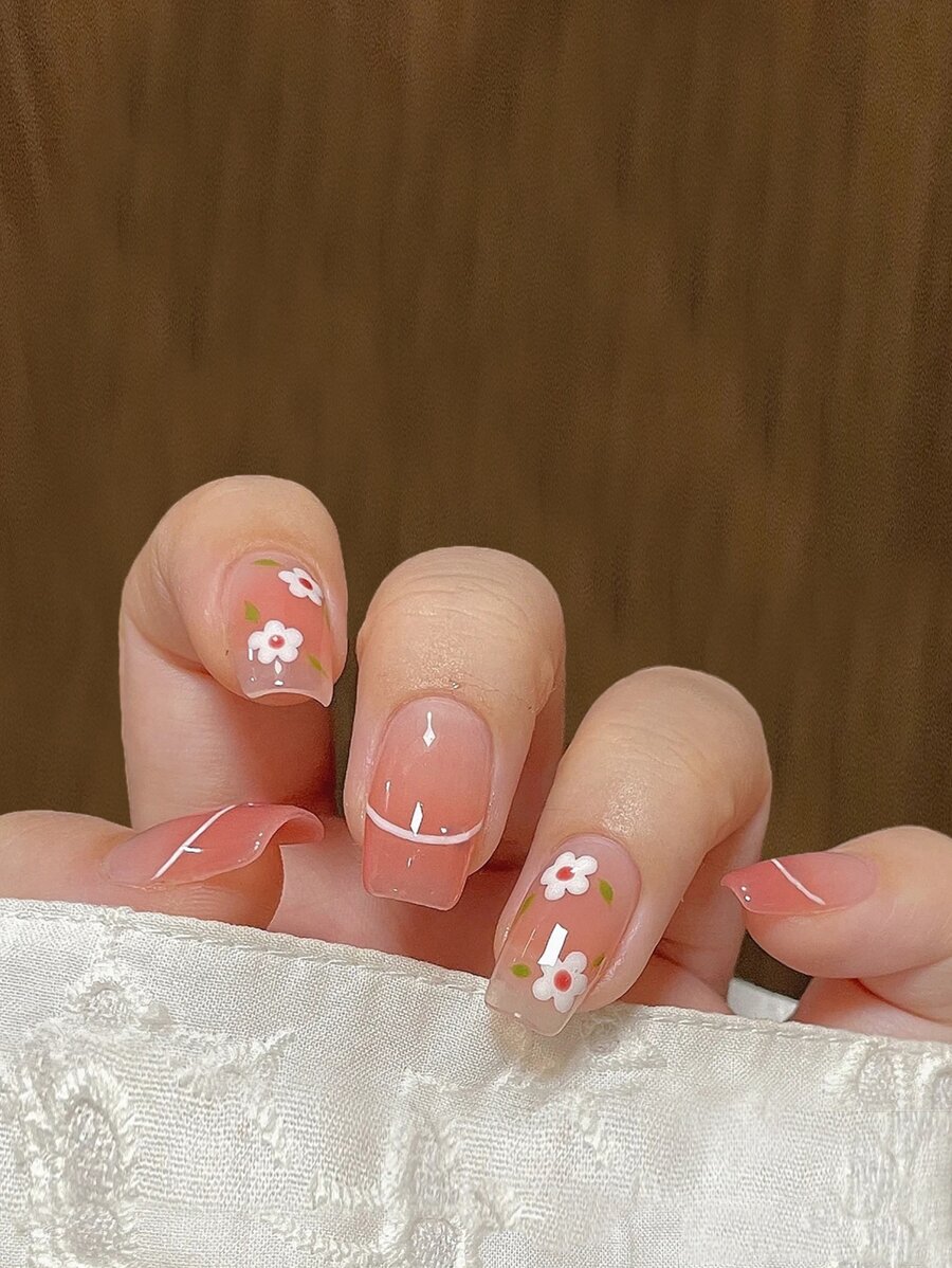 提升你風格帶24入組短棺材腮紅花卉圖案線假指甲和1張膠帶和1入組指甲銼 - 彩色 - 查看 1