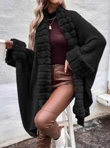 SHEIN Clasi Fuzzy Trim Batwing Sleeve Duster Cardigan - Black - View 5