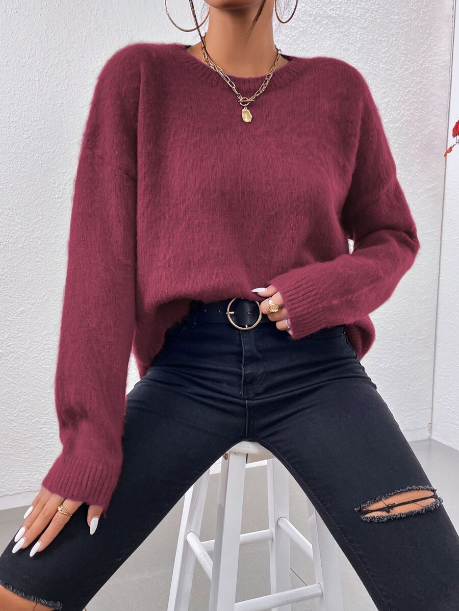SHEIN Essnce High Low Slit Hem Drop Shoulder Jumper - Maroon - View 1