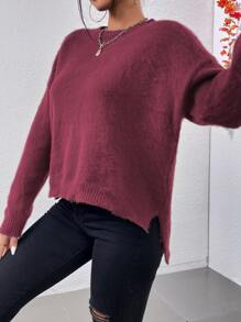 SHEIN Essnce High Low Slit Hem Drop Shoulder Jumper - Maroon - View 3