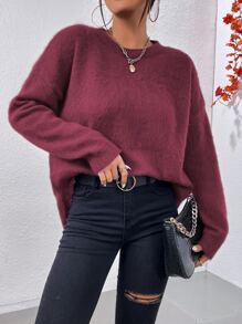 SHEIN Essnce High Low Slit Hem Drop Shoulder Jumper - Maroon - View 4
