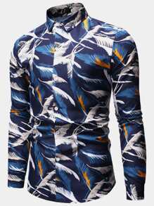 NITAGUT 男士羽毛印花襯衫 - 藍白色 - 查看 1