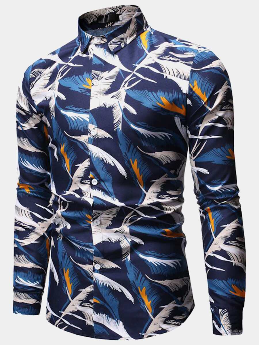 NITAGUT 男士羽毛印花襯衫 - 藍白色 - 查看 1