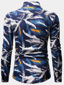 NITAGUT 男士羽毛印花襯衫 - 藍白色 - 查看 2