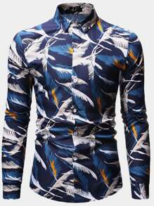 NITAGUT 男士羽毛印花襯衫 - 藍白色 - 查看 4