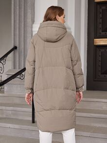 大碼拉鏈開襟連帽羽絨服 - 卡其色 - 查看 2
