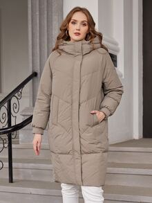 大碼拉鏈開襟連帽羽絨服 - 卡其色 - 查看 4