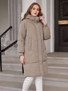 大碼拉鏈開襟連帽羽絨服 - 卡其色 - 查看 6