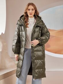 Plus Zip Up Hooded Down Coat - Army Green - View 1