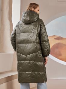 Plus Zip Up Hooded Down Coat - Army Green - View 2