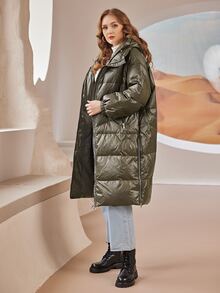 Plus Zip Up Hooded Down Coat - Army Green - View 6
