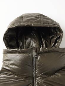 Plus Zip Up Hooded Down Coat - Army Green - View 7