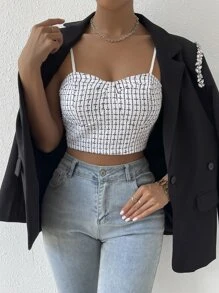 SHEIN Privé 1入組格紋短款緊身吊帶 - 白色 - 查看 5