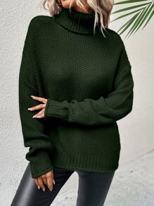 SHEIN LUNE Turtleneck Drop Shoulder Jumper - Army Green - View 5