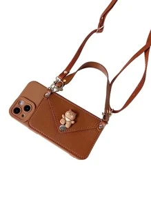 手機殼帶3D熊裝飾卡包和手機掛繩 - 棕色 - 查看 3