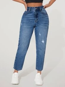 SHEIN PETITE High Waist Ripped Mom Fit Jeans - Medium Wash - View 1