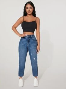 SHEIN PETITE High Waist Ripped Mom Fit Jeans - Medium Wash - View 3