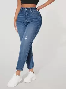 SHEIN PETITE High Waist Ripped Mom Fit Jeans - Medium Wash - View 4