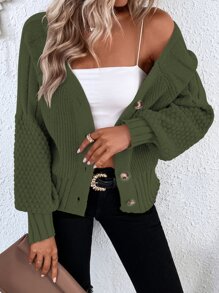 SHEIN Essnce Bishop Sleeve Button Front Cardigan - Army Green - View 1