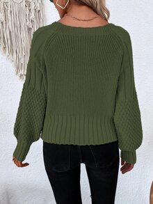 SHEIN Essnce Bishop Sleeve Button Front Cardigan - Army Green - View 2