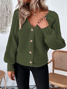 SHEIN Essnce Bishop Sleeve Button Front Cardigan - Army Green - View 4
