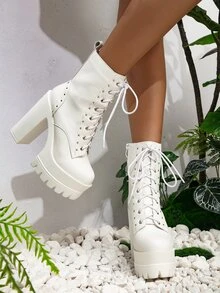Studded Decor Lace-up Front Platform Chunky Heeled Combat Boots - White - View 3