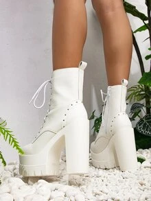 Studded Decor Lace-up Front Platform Chunky Heeled Combat Boots - White - View 5