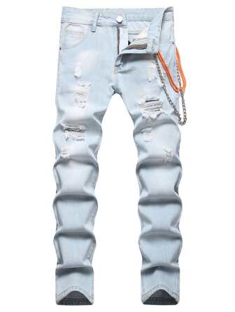 Jeans skinny pour hommes déchirés avec détail de chaîne effilochée