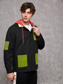 SPLIT LUNCH Men Flap Pocket Drawstring Hooded Jacket - Black - View 4