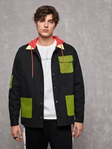 SPLIT LUNCH Men Flap Pocket Drawstring Hooded Jacket - Black - View 5