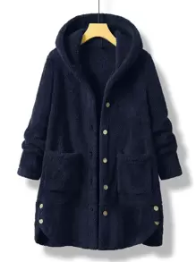 Mulvari Plus Pocket Patched Hooded Flannel Coat - Navy Blue - View 1