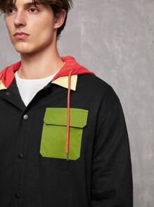 SPLIT LUNCH Men Flap Pocket Drawstring Hooded Jacket - Black - View 6