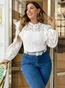 Simplee Plus Size Women's Autumn Lace Patchwork Ruffle Trim Long Sleeve Blouse, Fashionable Casual Wear - White - View 1
