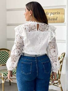 Simplee Plus Size Women's Autumn Lace Patchwork Ruffle Trim Long Sleeve Blouse, Fashionable Casual Wear - White - View 2