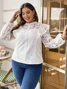 Simplee Plus Size Women's Autumn Lace Patchwork Ruffle Trim Long Sleeve Blouse, Fashionable Casual Wear - White - View 3