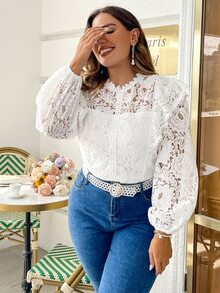 Simplee Plus Size Women's Autumn Lace Patchwork Ruffle Trim Long Sleeve Blouse, Fashionable Casual Wear - White - View 4