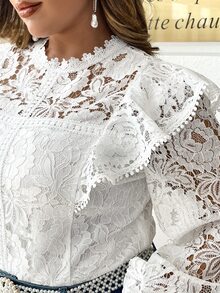 Simplee Plus Size Women's Autumn Lace Patchwork Ruffle Trim Long Sleeve Blouse, Fashionable Casual Wear - White - View 7