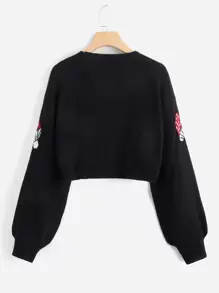 ROMWE Fairycore Mushroom Pattern Drop Shoulder Cardigan, School - Black - View 4