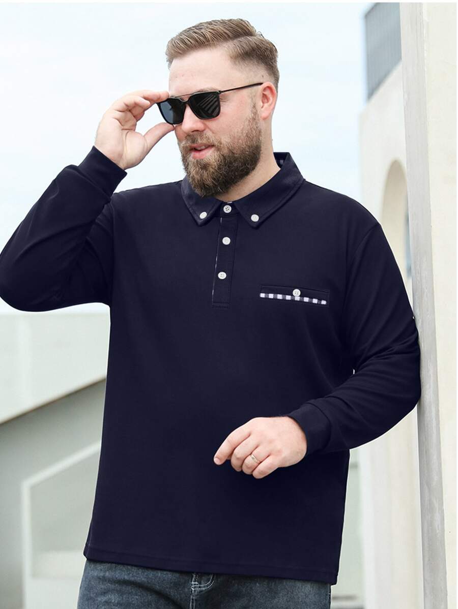 Men Plus Checkered Tape Detail Polo Shirt - Navy Blue - View 1