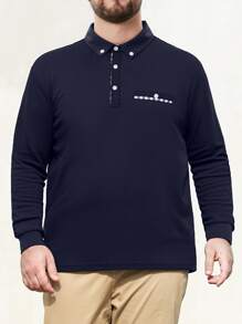 Men Plus Checkered Tape Detail Polo Shirt - Navy Blue - View 4