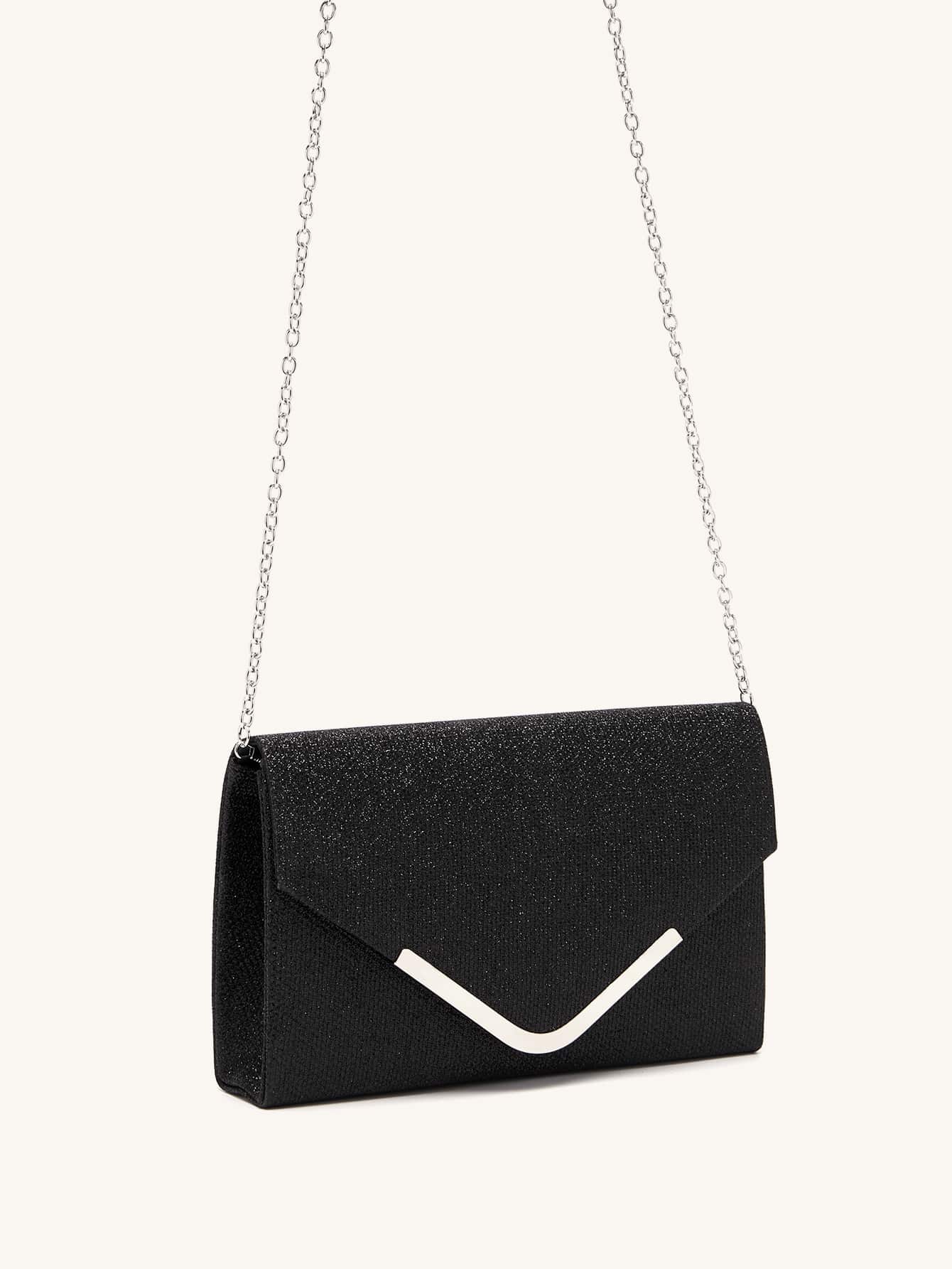 迷人、優雅、精緻、安靜奢華亮片、時尚、奢華、閃亮閃光設計鏈條翻蓋晚宴包、完美新娘錢包適合婚禮、舞會和派對活動適合派對女孩、女士金屬裝飾晚宴包、閃光亮片錢包、鏈條手拿包婚禮派對 - 黑色 - 查看 1