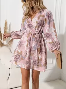 SHEIN Clasi Floral Print Lantern Sleeve Belted Dress