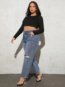 SHEIN SXY Quần Denim kích thước lớn Nút Túi Bị tách Dây kéo màu trơn - Rửa trung bình - Xem 5