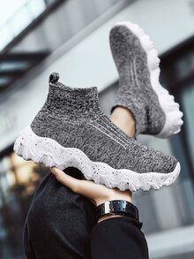 Men Knit Detail Slip On Sneakers - Grey - View 4