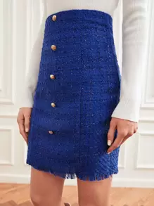 BizChic High Waist Button Front Raw Trim Tweed Skirt - Royal Blue - View 5